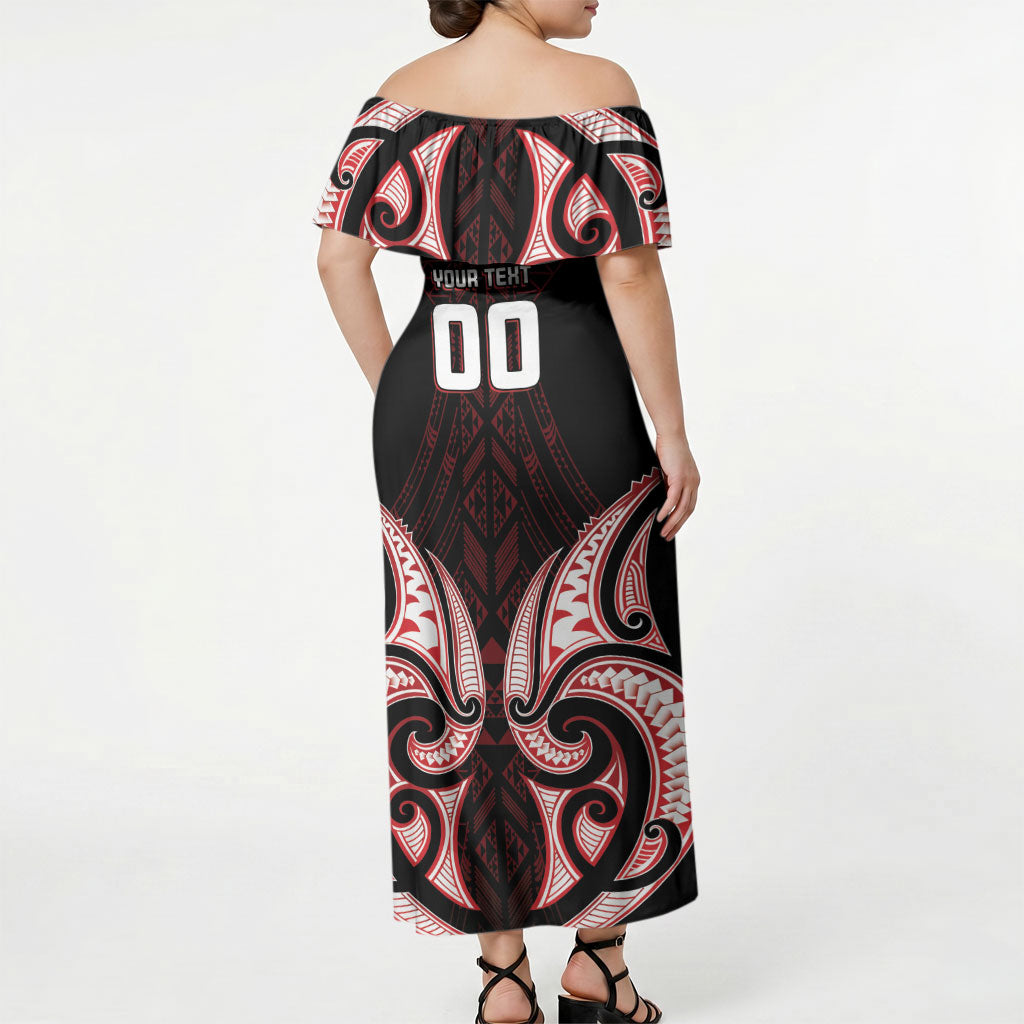 Maori Rugby Custom Ngaru Mangopare Off Shoulder Maxi Dress Black Red Whetu Niho Taniwha Motif