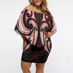 Maori Rugby Custom Ngaru Mangopare Off Shoulder Short Dress Black Red Whetu Niho Taniwha Motif