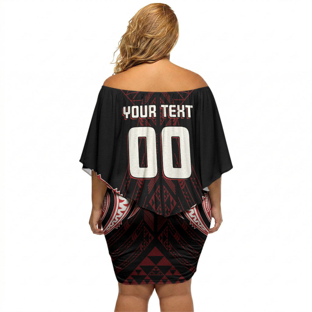 Maori Rugby Custom Ngaru Mangopare Off Shoulder Short Dress Black Red Whetu Niho Taniwha Motif