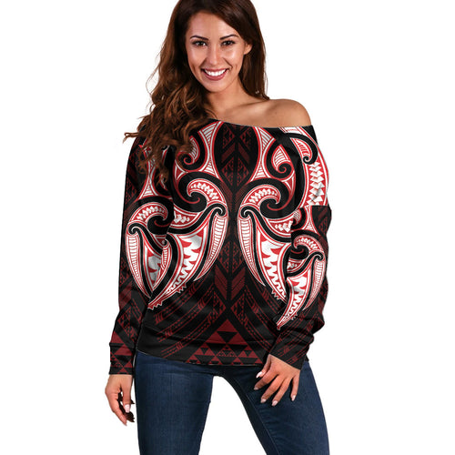 Maori Rugby Custom Ngaru Mangopare Off Shoulder Sweater Black Red Whetu Niho Taniwha Motif