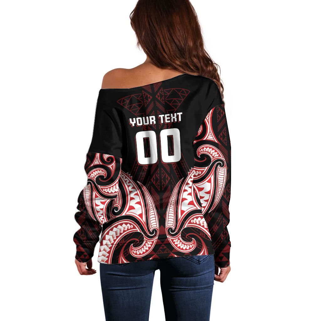 Maori Rugby Custom Ngaru Mangopare Off Shoulder Sweater Black Red Whetu Niho Taniwha Motif