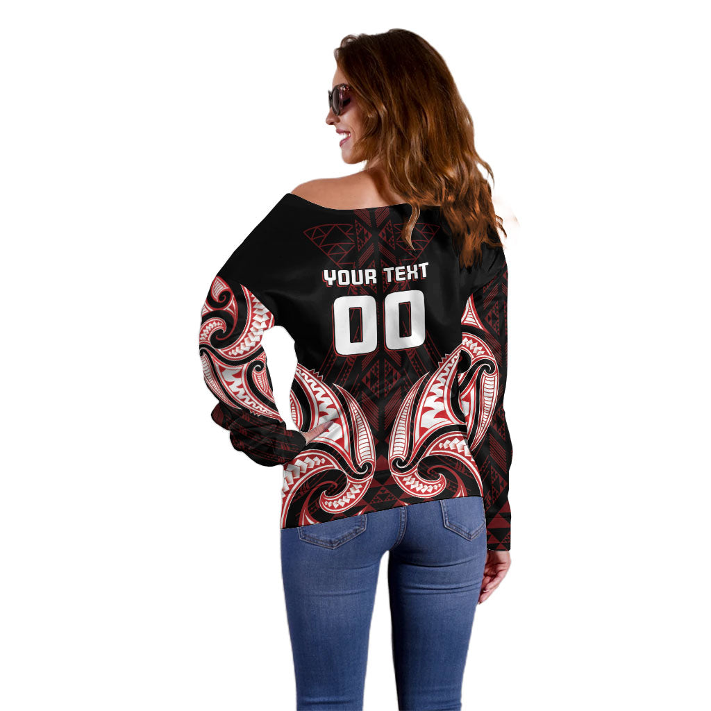 Maori Rugby Custom Ngaru Mangopare Off Shoulder Sweater Black Red Whetu Niho Taniwha Motif