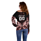 Maori Rugby Custom Ngaru Mangopare Off Shoulder Sweater Black Red Whetu Niho Taniwha Motif