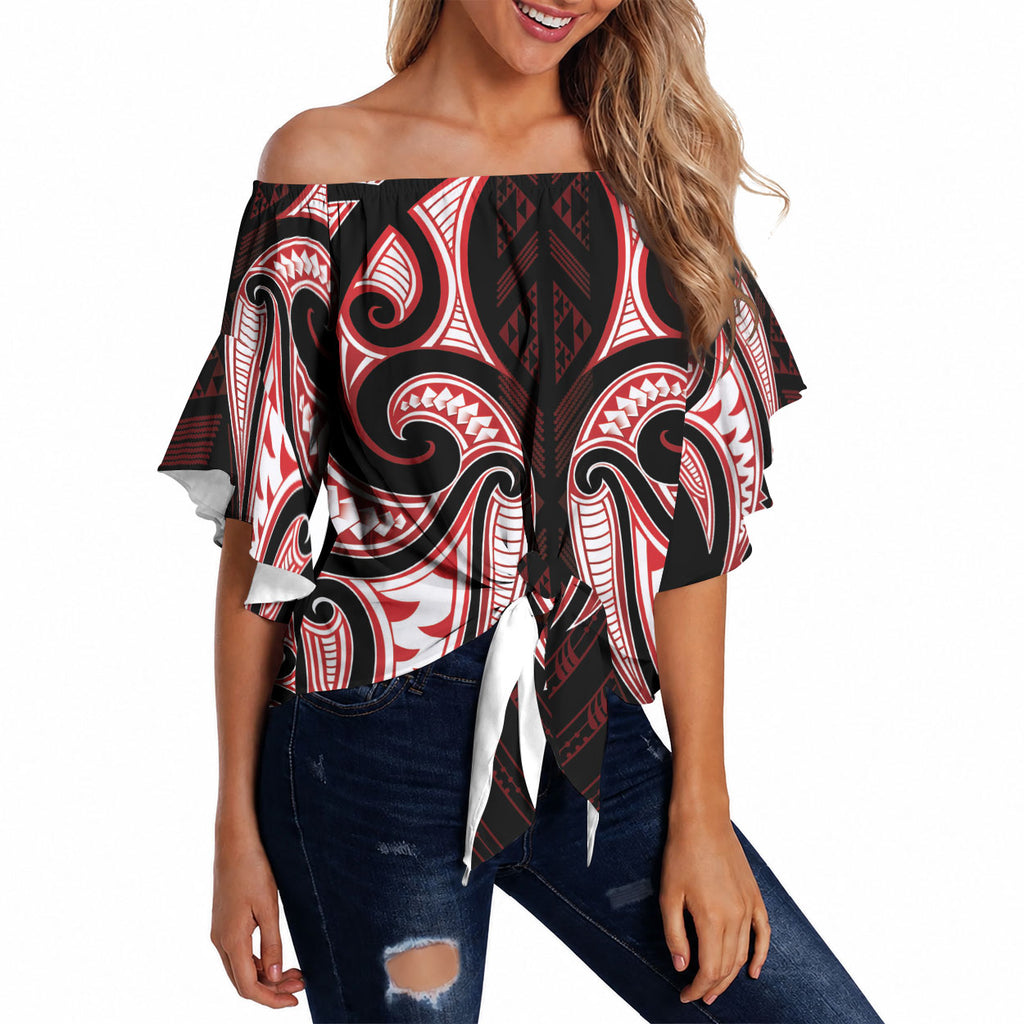 Maori Rugby Custom Ngaru Mangopare Off Shoulder Wrap Waist Top Black Red Whetu Niho Taniwha Motif