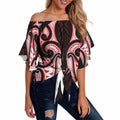 Maori Rugby Custom Ngaru Mangopare Off Shoulder Wrap Waist Top Black Red Whetu Niho Taniwha Motif