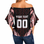 Maori Rugby Custom Ngaru Mangopare Off Shoulder Wrap Waist Top Black Red Whetu Niho Taniwha Motif