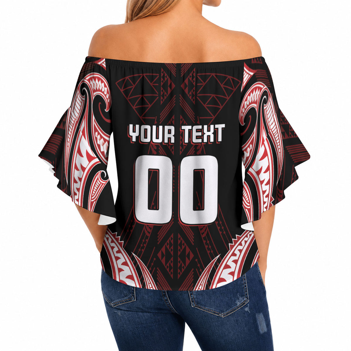 Maori Rugby Custom Ngaru Mangopare Off Shoulder Wrap Waist Top Black Red Whetu Niho Taniwha Motif