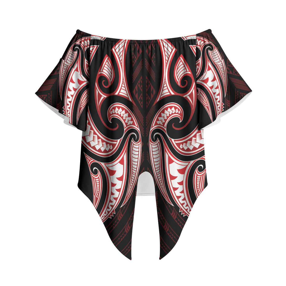 Maori Rugby Custom Ngaru Mangopare Off Shoulder Wrap Waist Top Black Red Whetu Niho Taniwha Motif