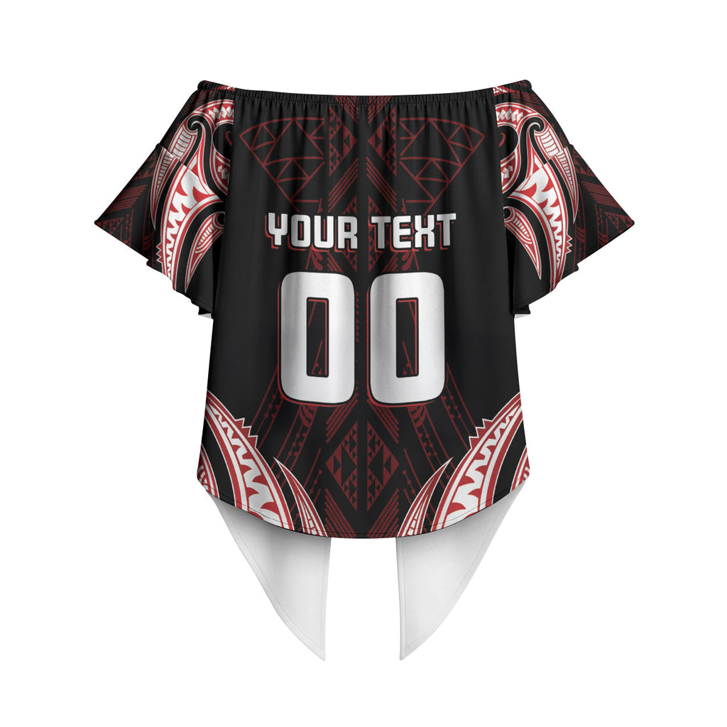 Maori Rugby Custom Ngaru Mangopare Off Shoulder Wrap Waist Top Black Red Whetu Niho Taniwha Motif