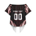 Maori Rugby Custom Ngaru Mangopare Off Shoulder Wrap Waist Top Black Red Whetu Niho Taniwha Motif