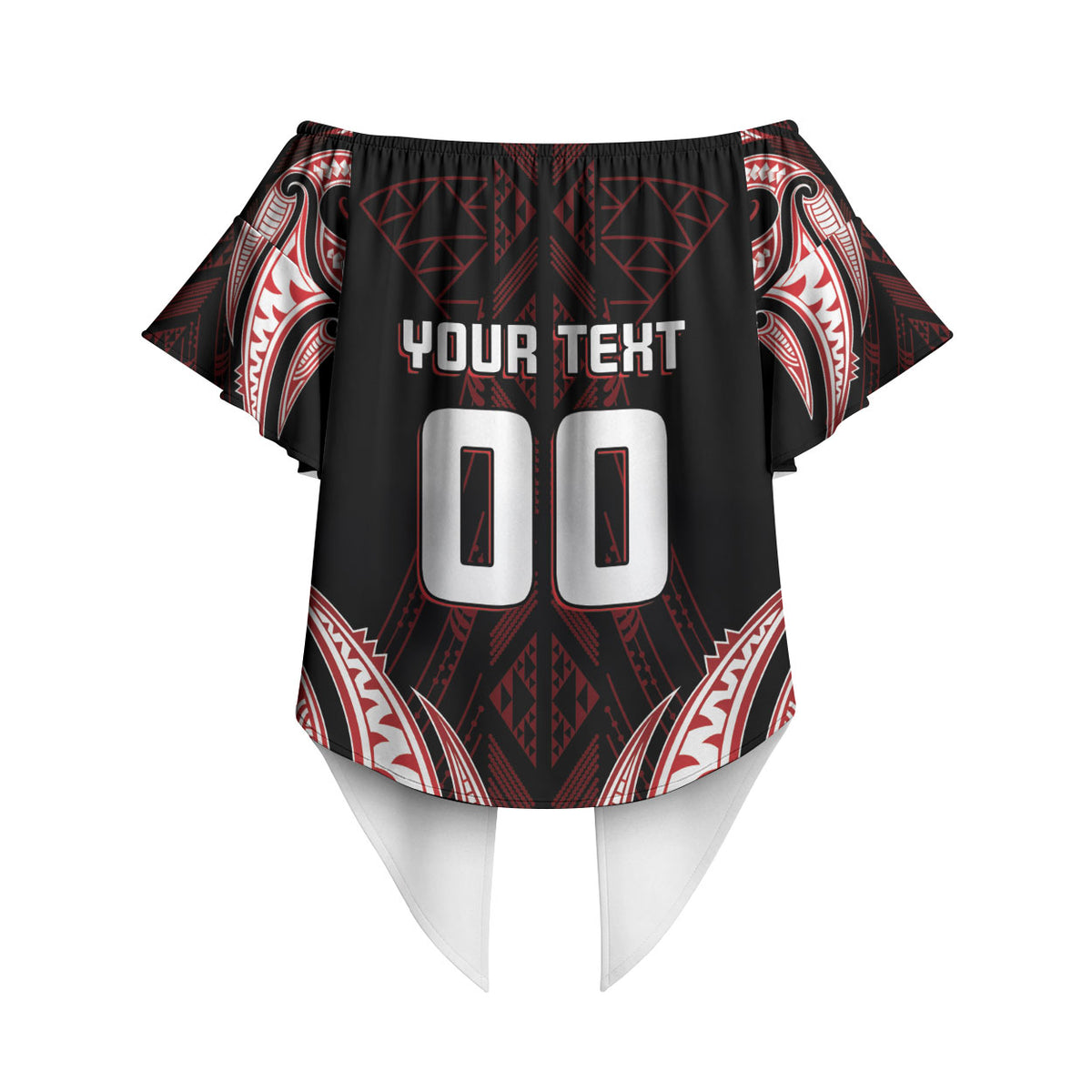 Maori Rugby Custom Ngaru Mangopare Off Shoulder Wrap Waist Top Black Red Whetu Niho Taniwha Motif