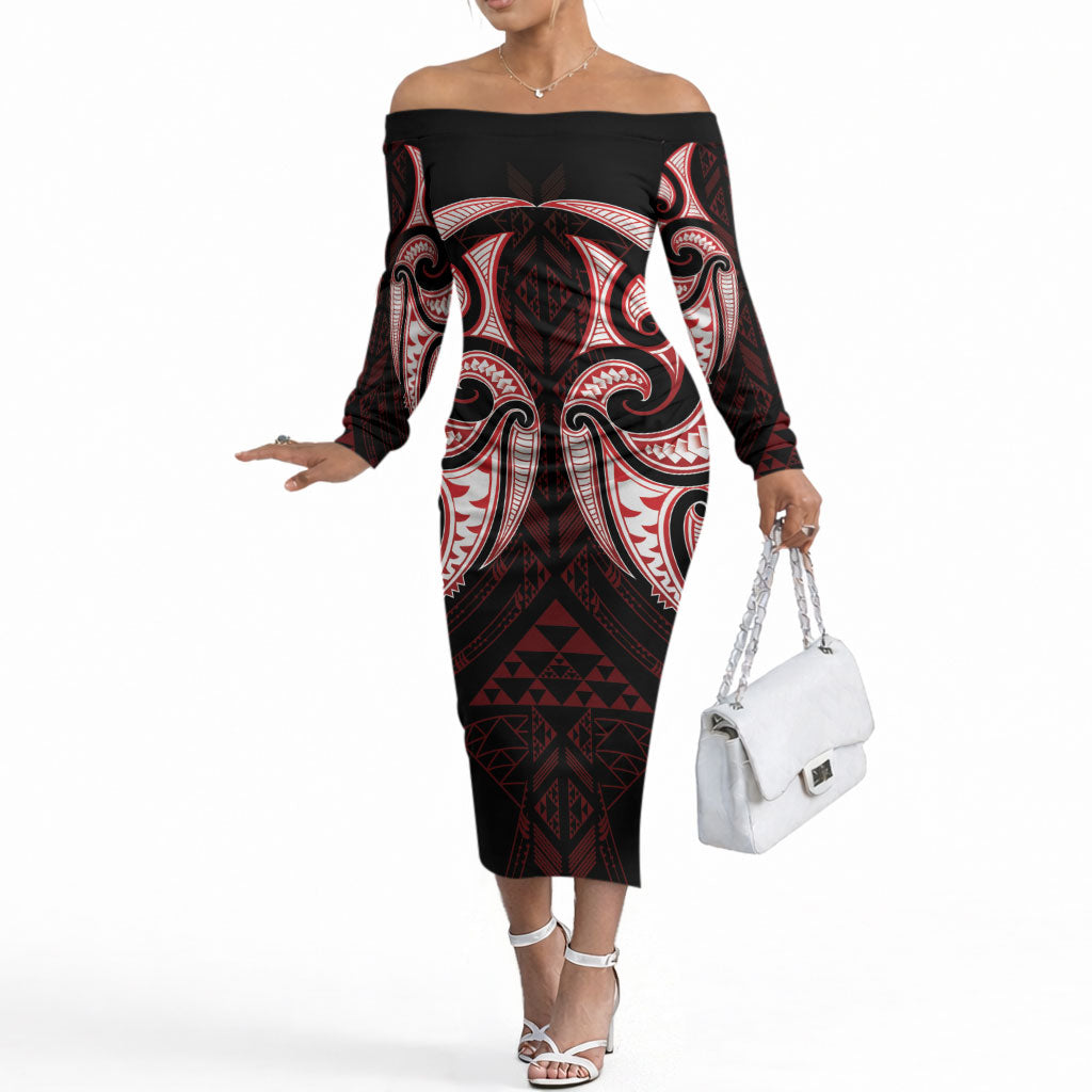 Maori Rugby Custom Ngaru Mangopare Off The Shoulder Long Sleeve Dress Black Red Whetu Niho Taniwha Motif