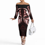 Maori Rugby Custom Ngaru Mangopare Off The Shoulder Long Sleeve Dress Black Red Whetu Niho Taniwha Motif