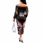 Maori Rugby Custom Ngaru Mangopare Off The Shoulder Long Sleeve Dress Black Red Whetu Niho Taniwha Motif
