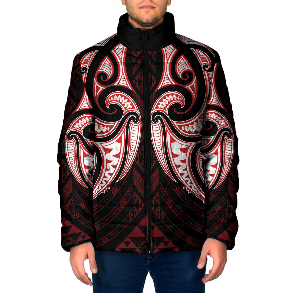 Maori Rugby Custom Ngaru Mangopare Padded Jacket Black Red Whetu Niho Taniwha Motif