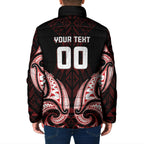 Maori Rugby Custom Ngaru Mangopare Padded Jacket Black Red Whetu Niho Taniwha Motif