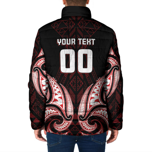 Maori Rugby Custom Ngaru Mangopare Padded Jacket Black Red Whetu Niho Taniwha Motif