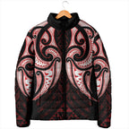 Maori Rugby Custom Ngaru Mangopare Padded Jacket Black Red Whetu Niho Taniwha Motif