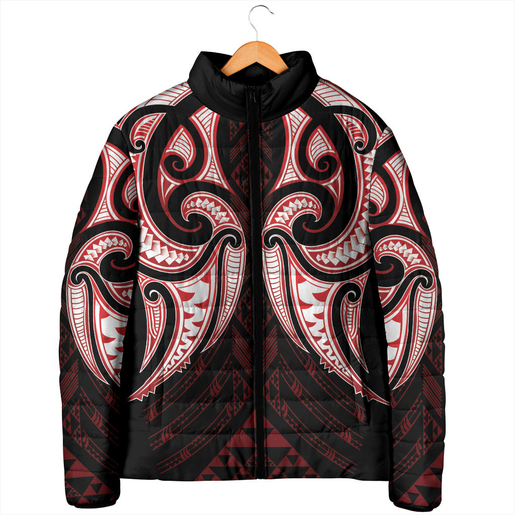 Maori Rugby Custom Ngaru Mangopare Padded Jacket Black Red Whetu Niho Taniwha Motif