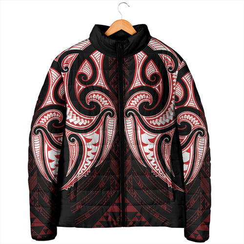 Maori Rugby Custom Ngaru Mangopare Padded Jacket Black Red Whetu Niho Taniwha Motif
