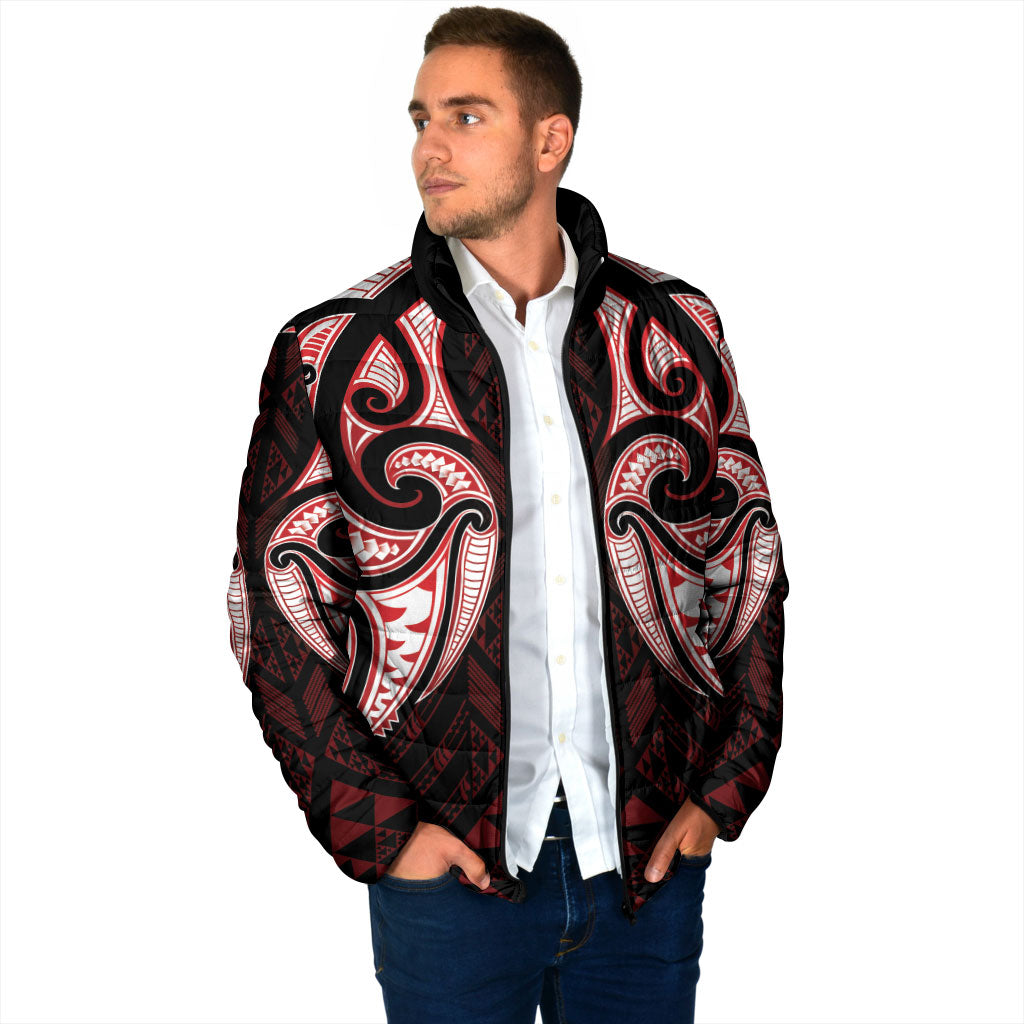 Maori Rugby Custom Ngaru Mangopare Padded Jacket Black Red Whetu Niho Taniwha Motif
