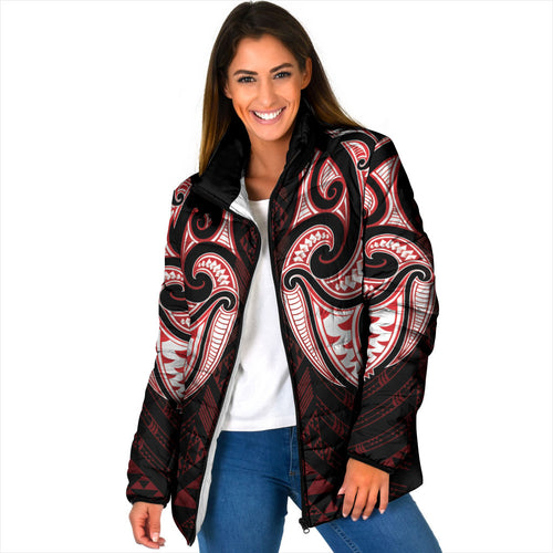 Maori Rugby Custom Ngaru Mangopare Padded Jacket Black Red Whetu Niho Taniwha Motif
