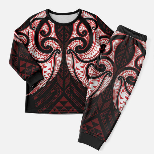 Maori Rugby Custom Ngaru Mangopare Christmas Pajama Set Black Red Whetu Niho Taniwha Motif