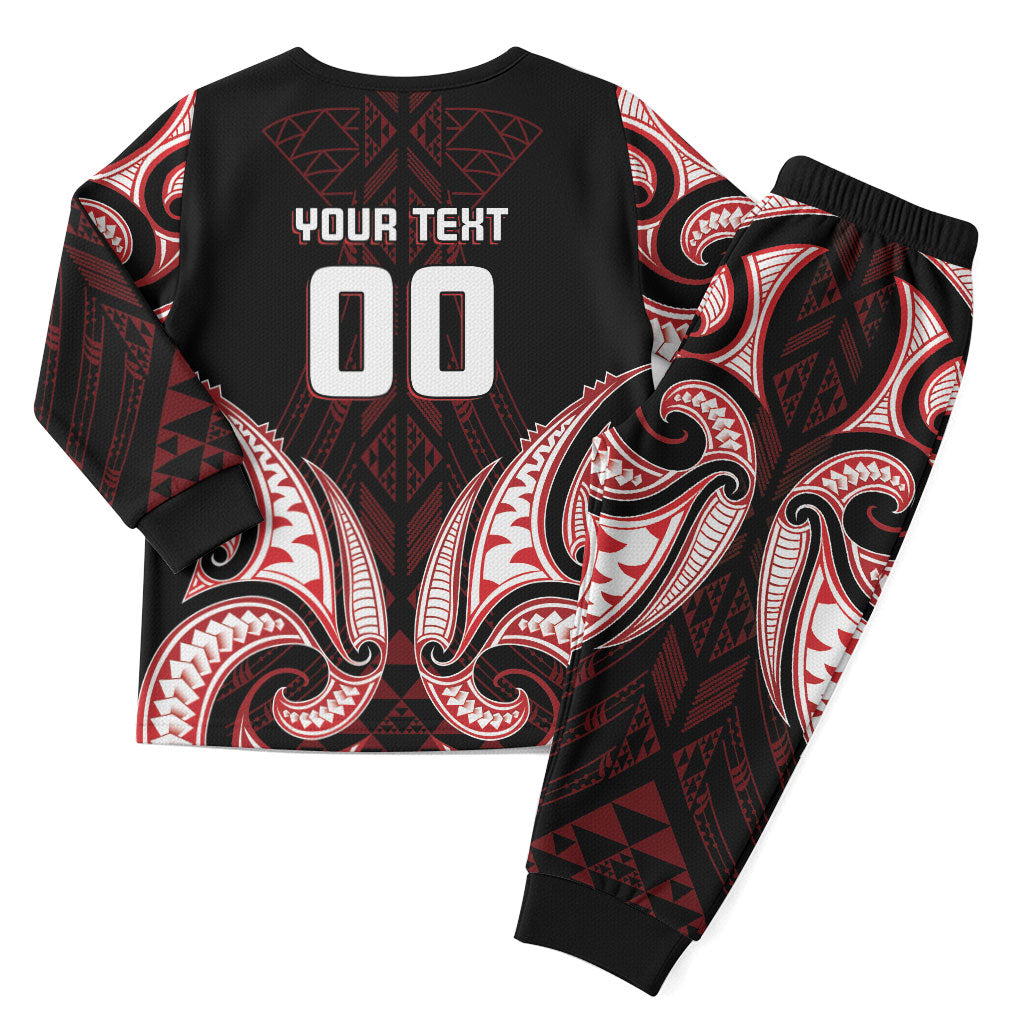 Maori Rugby Custom Ngaru Mangopare Christmas Pajama Set Black Red Whetu Niho Taniwha Motif