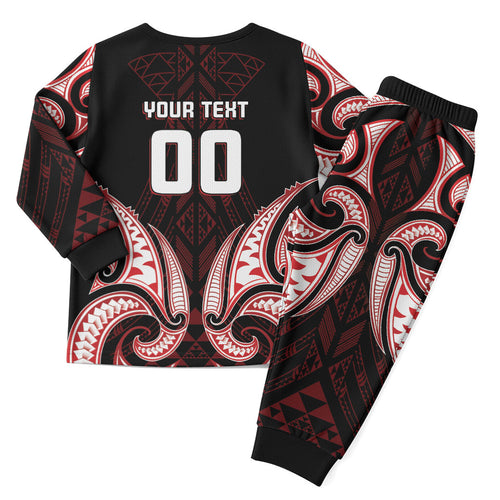 Maori Rugby Custom Ngaru Mangopare Christmas Pajama Set Black Red Whetu Niho Taniwha Motif