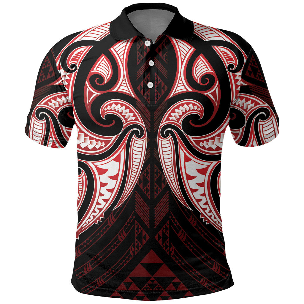 Maori Rugby Custom Ngaru Mangopare Polo Shirt Black Red Whetu Niho Taniwha Motif