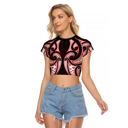 Maori Rugby Custom Ngaru Mangopare Raglan Cropped T Shirt Black Red Whetu Niho Taniwha Motif