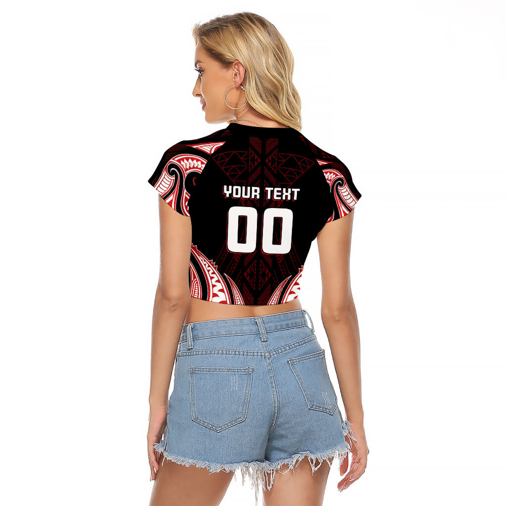 Maori Rugby Custom Ngaru Mangopare Raglan Cropped T Shirt Black Red Whetu Niho Taniwha Motif