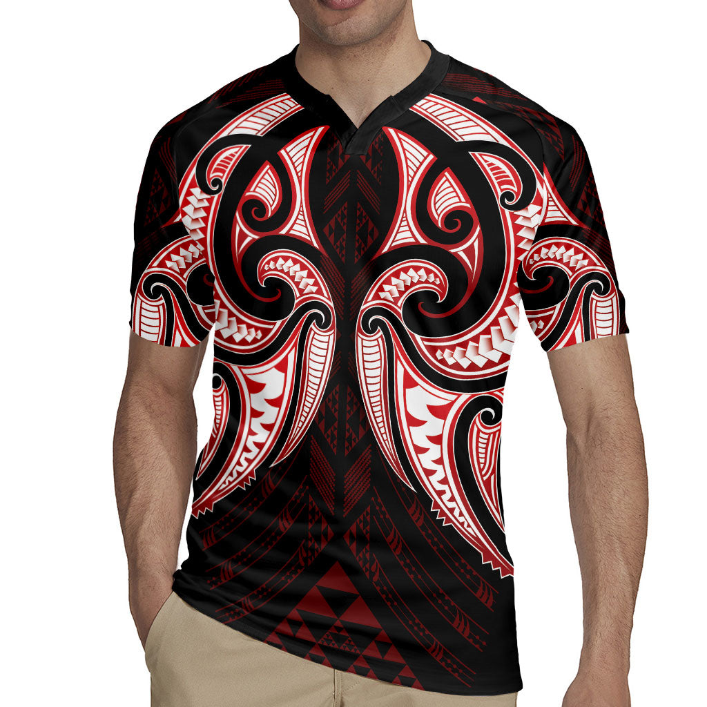 Maori Rugby Custom Ngaru Mangopare Rugby Jersey Black Red Whetu Niho Taniwha Motif