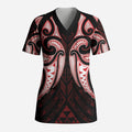 Maori Rugby Custom Ngaru Mangopare Scrub Top Black Red Whetu Niho Taniwha Motif