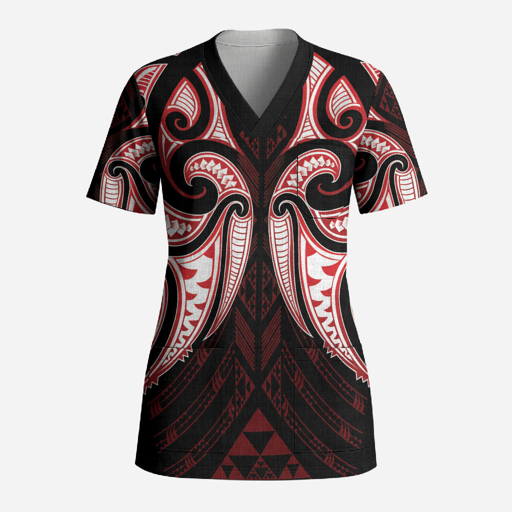 Maori Rugby Custom Ngaru Mangopare Scrub Top Black Red Whetu Niho Taniwha Motif