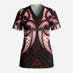 Maori Rugby Custom Ngaru Mangopare Scrub Top Black Red Whetu Niho Taniwha Motif