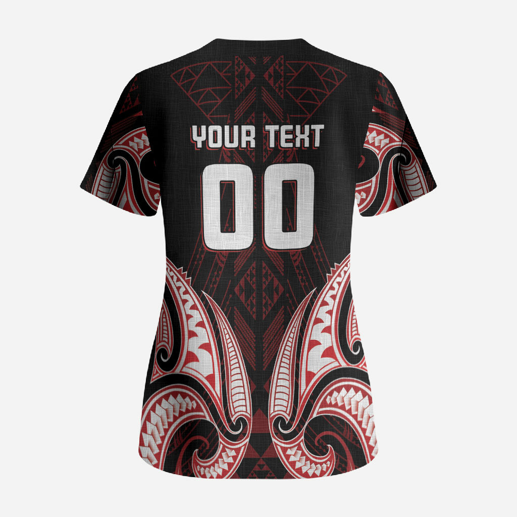 Maori Rugby Custom Ngaru Mangopare Scrub Top Black Red Whetu Niho Taniwha Motif