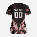 Maori Rugby Custom Ngaru Mangopare Scrub Top Black Red Whetu Niho Taniwha Motif