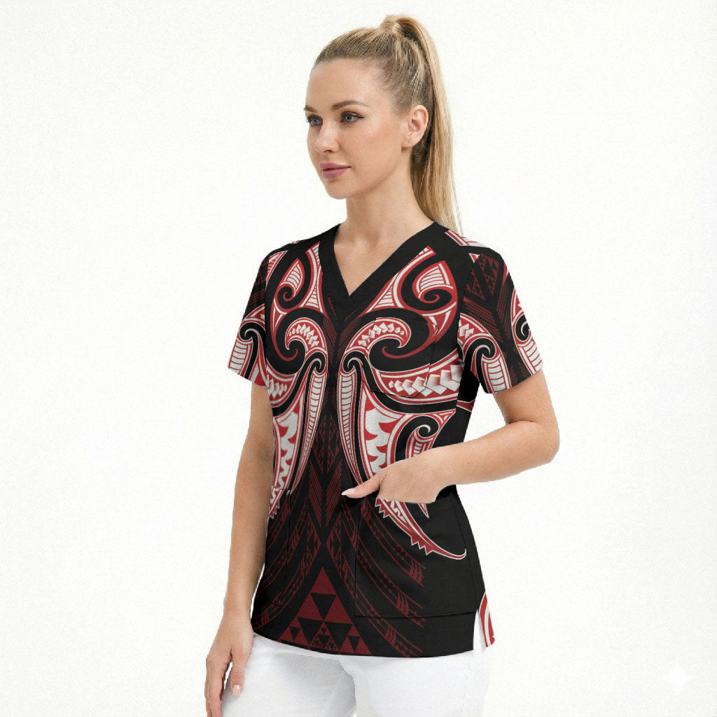 Maori Rugby Custom Ngaru Mangopare Scrub Top Black Red Whetu Niho Taniwha Motif