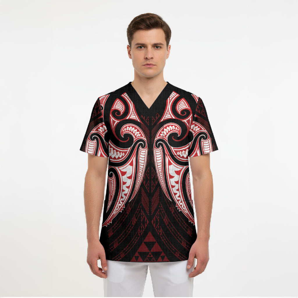 Maori Rugby Custom Ngaru Mangopare Scrub Top Black Red Whetu Niho Taniwha Motif