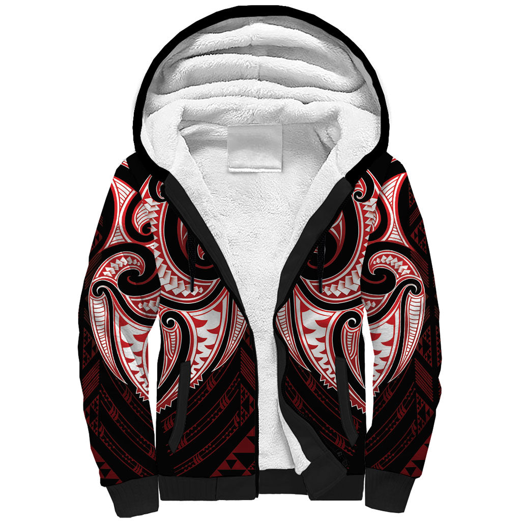 Maori Rugby Custom Ngaru Mangopare Sherpa Hoodie Black Red Whetu Niho Taniwha Motif