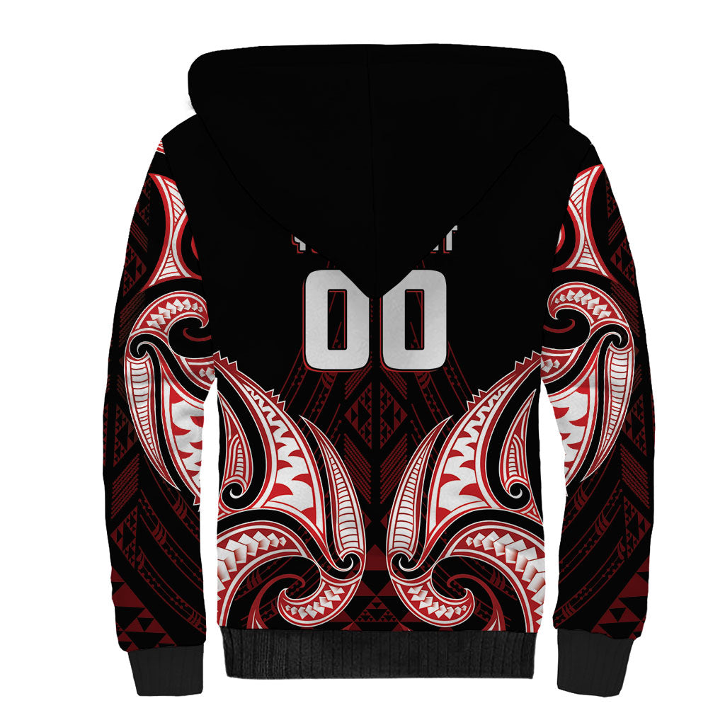 Maori Rugby Custom Ngaru Mangopare Sherpa Hoodie Black Red Whetu Niho Taniwha Motif