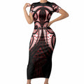 Maori Rugby Custom Ngaru Mangopare Short Sleeve Bodycon Dress Black Red Whetu Niho Taniwha Motif