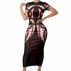 Maori Rugby Custom Ngaru Mangopare Short Sleeve Bodycon Dress Black Red Whetu Niho Taniwha Motif