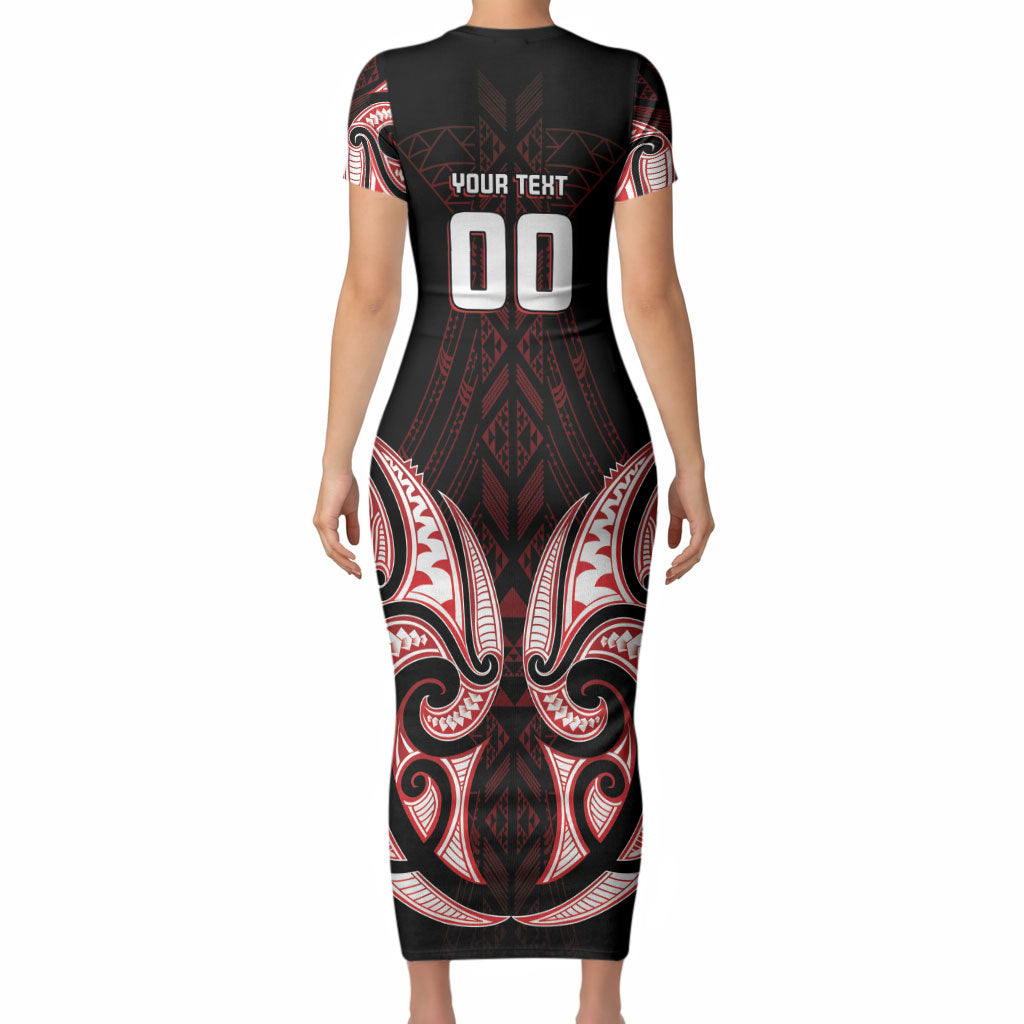 Maori Rugby Custom Ngaru Mangopare Short Sleeve Bodycon Dress Black Red Whetu Niho Taniwha Motif