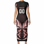 Maori Rugby Custom Ngaru Mangopare Short Sleeve Bodycon Dress Black Red Whetu Niho Taniwha Motif