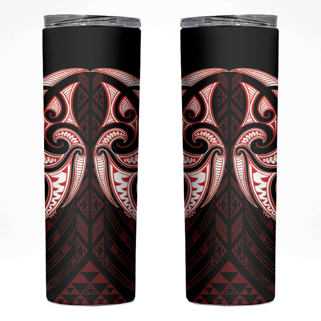 Maori Rugby Custom Ngaru Mangopare Skinny Tumbler Black Red Whetu Niho Taniwha Motif