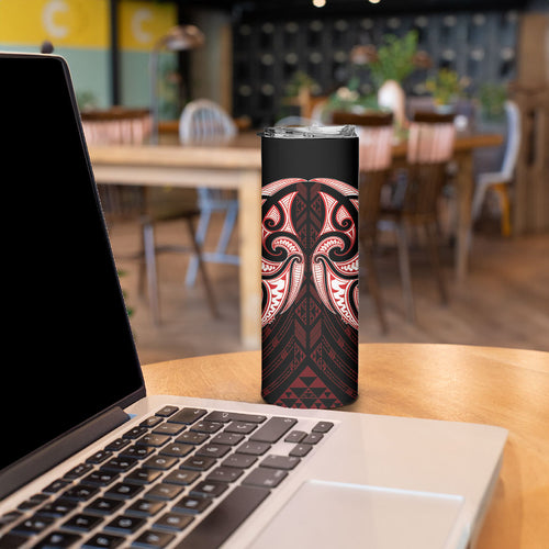 Maori Rugby Custom Ngaru Mangopare Skinny Tumbler Black Red Whetu Niho Taniwha Motif