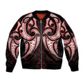 Maori Rugby Custom Ngaru Mangopare Sleeve Zip Bomber Jacket Black Red Whetu Niho Taniwha Motif