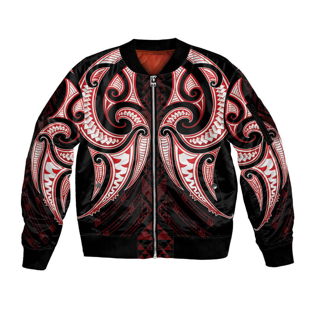Maori Rugby Custom Ngaru Mangopare Sleeve Zip Bomber Jacket Black Red Whetu Niho Taniwha Motif
